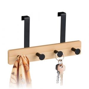 Relaxdays Portemanteau décoratif et Pratique, pour Porte, patère 4 Crochets, à Suspendre, Bambou et métal, Nature & Noir