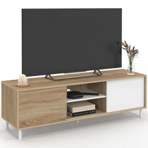 Idmarket Meuble TV 140 cm EASY montage sans outils 2 portes coulissantes r&eacute;versibles effet bois et blanc