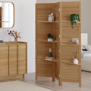 Idmarket Paravent int&eacute;rieur 3 panneaux lattes persiennes avec 3 &eacute;tag&egrave;res bois