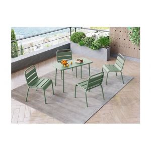Salle &Agrave; Manger De Jardin Pour Enfants En M&eacute;tal Vert Amande Une Table Et 4 Chaises Empilables Popayan Neuf