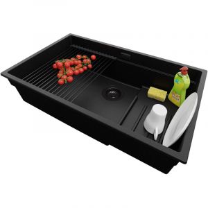 Primagran - vier Cusine en Granit 76x47 cm Lavabo Cuisine 1 Bac + Kit de Vidage, Évier au meuble 80cm Évier à Encastrer de Tout Noir