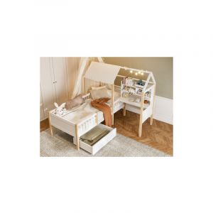 Lit enfant 90x200 cm, lit simple avec barrières, bureau en l et étagère, toit, tiroir sur roulettes, sans matelas, blanc