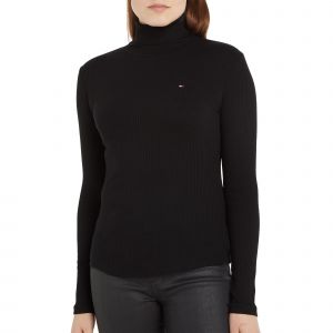 Tommy Hilfiger Slim 5x2 Rib Roll-NK Ls Hauts en Tricot L/S, Black, S Femme