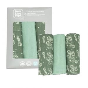 Trois Kilos Sept Lot de 3 Langes bébé - Carrés de Mousseline Coton 70x70cm - Multi-usages: Couverture, Doudou, Bavoir, Protection Solaire - Certificié Oeko-tex - Motif Feuilles Vertes