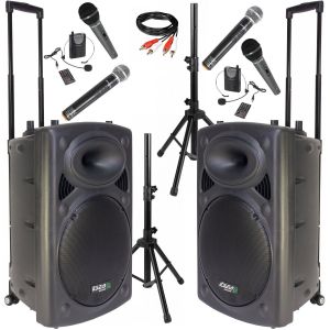 Ibiza Sound Pack Sono 2 Enceintes Portables USB Bluetooth PORT15VHF-BT 800W 6 Micros - Paire Supports Enceintes SS01B-MINI