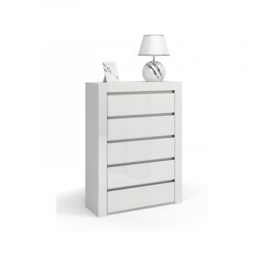 Image de Hucoco NAPLES Commode contemporaine 5 tiroirs chambre/salon/bureau 40x80x125 Couleur gloss Meuble de rangement Style scandinave blanc