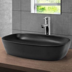 Lavabo en C&eacute;ramique Noir Mat 605x385x140 mm, Ovale, Vasque &agrave; Poser Moderne, Lavabo de Comptoir &Eacute;l&eacute;gant, Lavabo avec Trou pour Robinet,Trop-Plein et