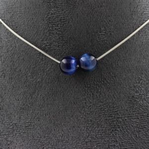Collier 2 perles Oeil de Tigre Bleu 8 mm chaîne inox - A Bijoux