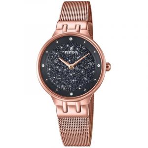 Image de Festina Montre MADEMOISELLE F20387-3 - Montre PVD OR ROSE CADRAN SWAROVSKI NOIR BRACELET MILANAIS ROSE Femme