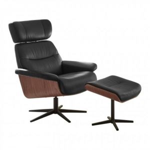 Fauteuil relax pivotant à 360° STELLA assise confortable en cuir noir piétement métal