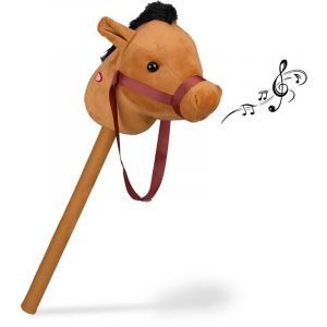 Relaxdays Cheval à bâton, tête de Cheval, Effet sonore, en Peluche et Plastique, 68 cm, Jouet Enfants, Brun Clair