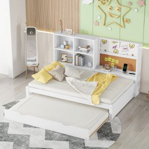 Lit Gigogne 90 x 200 cm - Lit enfant avec Port de Chargement USB et Rangement - Bois de Pin + MDF - Sans Matelas - Blanc