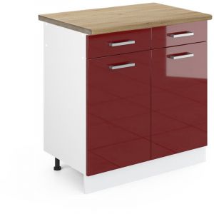 Vicco - Meuble cuisine R-Line, Rouge bordeaux Haute brillance, 80 cm, pt Ch&ecirc;ne