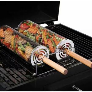 Paquet de 2 paniers de gril en acier inoxydable avec poignées en bois amovibles, panier de gril roulant avec accessoires de gril extérieur en acier
