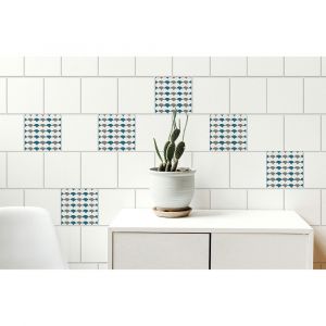 Plage Sticker carrelage adhésif décoratif autocollant lessivable, carreaux écailles de poisson graphiques bleu canard et gris, x6, 15 cm x 15 cm