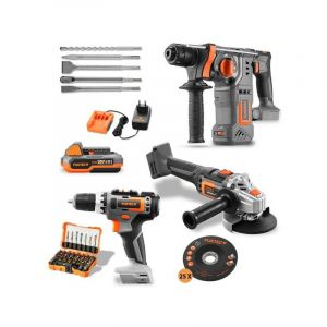 Fuxtec Pack outils 20V sans fil meuleuse d'angle, visseuse et marteau perforateur, avec batteries et accessoires