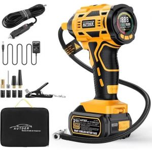 AUTDER Portable Air Compressor, Car Tyre Inflator, Max 180 PSI12.4 Bar, Wireless Car Compressor with 21V and 12V DC Battery, for Ca