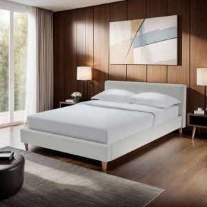 Mes Lit 140x190 cm avec t&ecirc;te de lit en velours c&ocirc;tel&eacute; beige et pieds bois