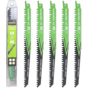 Lame de Scie Sabre 5 Pieces WORKPRO, Accessoires de Scie Sabre pour Bois Huimide, Coupe Rapide 230 mm 5TPI avec Boite de Rangement