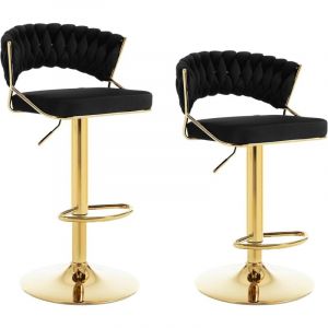 Lot de 2 Tabourets de Bar en Velours et Métal Woltu Tabouret Pivotant avec Dossier Tissé et Repose-Pieds, Hauteur Réglable, Noir