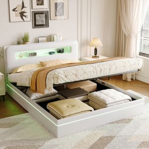 Lit coffre 140 x 200 cm avec sommier,lit double avec rangement et LED,lit 140 x 200 avec sommier &agrave; lattes en bois,lit capitonn&eacute; pour adulte et