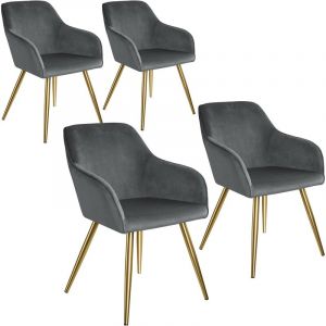 TecTake TECTACKE Lot de 4 Chaises de Salle à Manger Effet Velours Pieds en Acier Dorés avec Accoudoirs - Gris Foncé