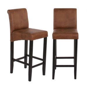 Lot de 2 tabourets de bar Lancy, PU ~ aspect daim marron, pieds foncés
