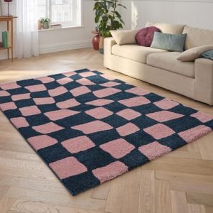 Nazar Tapis vintage style ann&eacute;e 70 &agrave; motif damier Bleu - 80x140