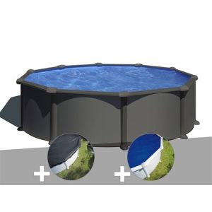 Gre Kit piscine acier gris anthracite Juni ronde 4,80 x 1,32 m + Bâche d'hivernage + Bâche à bulles 480,00 x 132,00 Anthracite