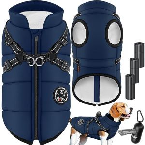 LOVPET Veste pour chien Manteau pour chien avec harnais 45 sacs &agrave; crottes + distributeur inclus Veste d'hiver pour chien doubl&eacute;e et imperm&eacute;able