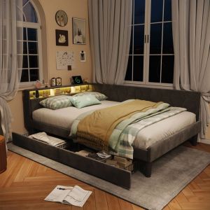 Canap&eacute; lit convertible - Clic Clac 2 Places - 140x200 - Velours gris - Rangement tiroirs & LED USB