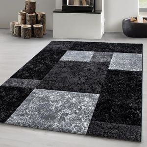 Tapis de salon moderne design &agrave; carreaux avec d&eacute;coupe de contour, tapis &agrave; poils courts, Noir Tapis 200 x 290 cm
