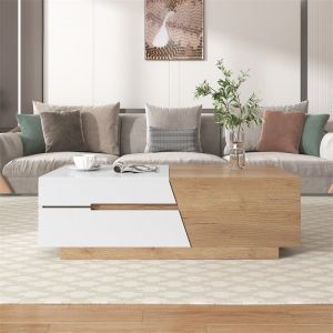 Table basse extensible 120x50x37.5cm, table basse rectangle avec tiroirs, structure color block, Naturel