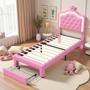 Lit Enfant 90x190 - Lit Fille avec Rangement - &Eacute;clairage LED - Design Couronne - Structure &Eacute;cologique