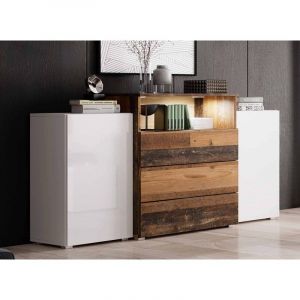 Buffet commodes 2 portes 3 tiroirs blanc et chêne vieilli avec led - marcel - blanc bois