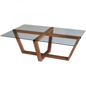 Table basse bois noyer m&eacute;lamin&eacute; et verre tremp&eacute; Mouka 105 cm