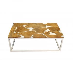 Table basse rectangulaire en teck et résine blanche - Paulette