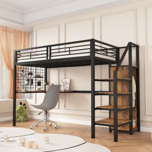 Lit superposé Lit mezzanine 90 x 200 cm en fer avec table et armoire, échelle latérale avec main courante, noir et bois foncé