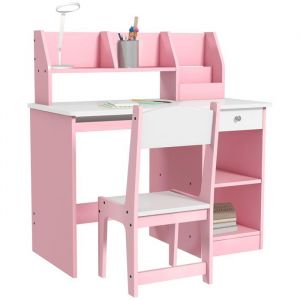 Bureau enfant avec chaise - ZONEKIZ - clavier coulissant, tiroir, niches et étagères ouvertes - 90 x 45 x 90 cm - rose