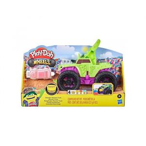 Play-Doh Coffret monster truck avec 4 pots de pate a modeler - set camion wheels vert et violet nouvelle version + 1 carte