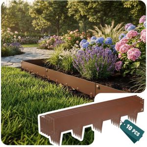VOUNOT Lot de 10 Bordure de jardin en m&eacute;tal galvanis&eacute; 106x18cm marron - &eacute;paisseur 1.5mm - cl&ocirc;ture flexible et r&eacute;sistante 10M