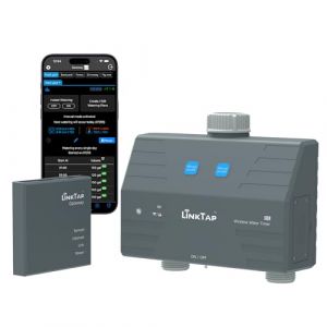 LinkTap D1 Programmateur d'arrosage Intelligent et Gateway, 2 Zones distinctes, Débitmètres intégrés, Adaptation météo, Détection et Notification d'Erreurs, Portée Plus Large Que WiFi, IP66