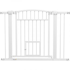 Pawhut Barrière de sécurité pour chien - barrière à pression ajustable - 2 portes verrouillables - acier blanc