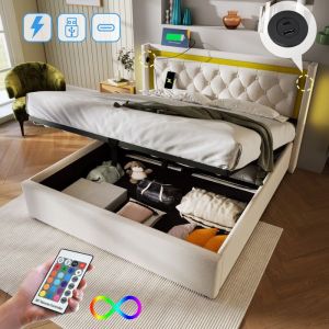 Lit coffre capitonné - JAERLIUB - 160x200 cm - LED - USB Type C - 2 places