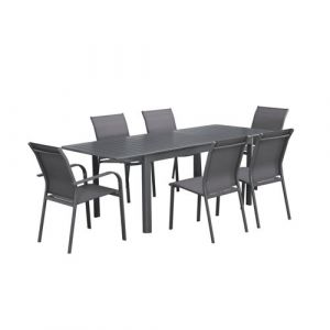 Sweeek Table de jardin extensible aluminium et textil&egrave;ne anthracite 4 chaises 2 fauteuils 6 places textil&egrave;ne