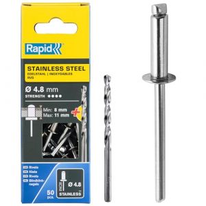 Rapid Rivets Pop en Acier Inoxydable &Oslash;4.8 x 14 mm, Rivets Aveugles pour Plaques d'Immatriculation / Garde-Boue / Rev&ecirc;tements M&eacute;talliques / T&ocirc;le - Foret Inclus - 50 Pi&egrave;ces, Emballage Bo&icirc;te (5001461)