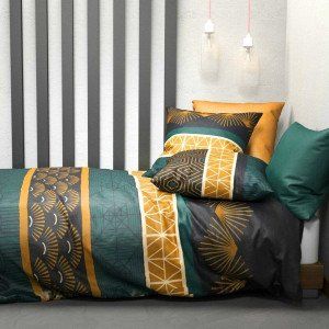 Housse de couette et deux taies coton (260 cm) Qobe Bleu canard