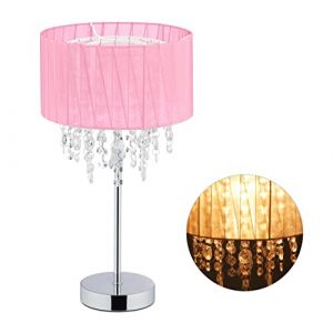 Image de Relaxdays Lampe de table, abat-jour en organza, pied rond, lampe de chevet, H x D 43 x 24 cm, rose/argenté