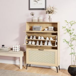 Meuble Chaussures,Meuble de Rangement &agrave; Chaussures Armoire,Commode &agrave; Chaussures,Meuble d'entr&eacute;e Rangement avec porte en rotin,80 x 24 x 114 cm,brun