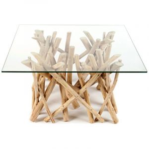 Table basse WOODEN carr&eacute;e 80 cm &ndash; Table basse design en bois flott&eacute; et verre tremp&eacute;